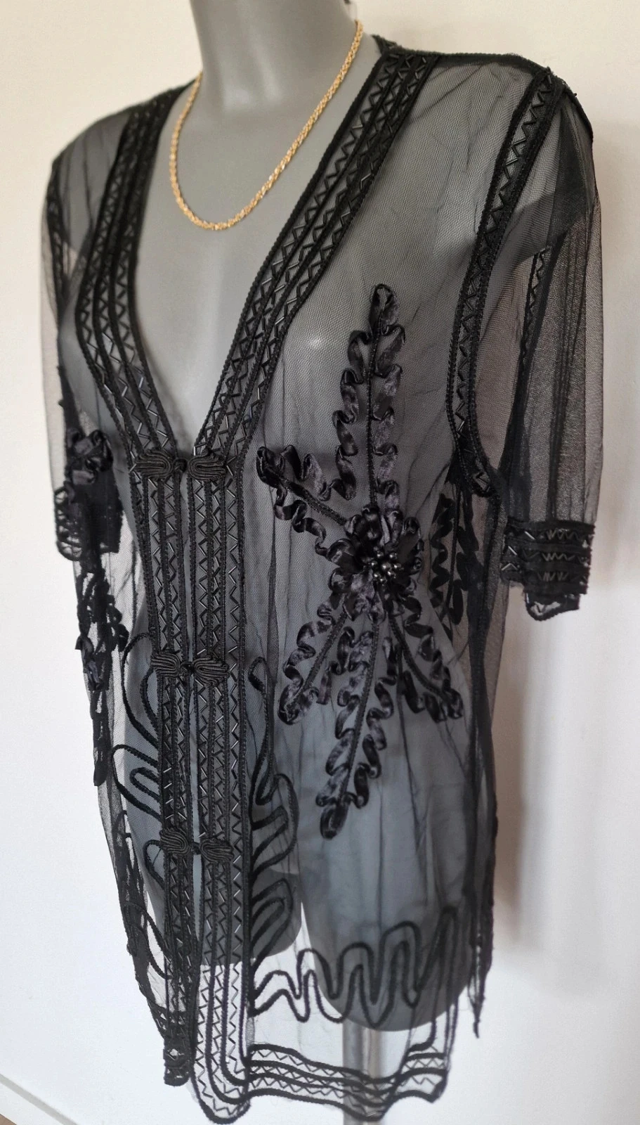 Quimono oriental preto transparente bordado com miçangas estilo boêmio chique – photo 5